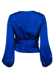 Current Boutique-NBD - Bright Blue Puffed Sleeve Satin Wrap Top Sz XXS