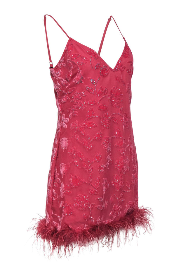 Current Boutique-NBD - Dark Pink Floral Velvet Slip Dress w/ Marabou Feathers & Rhinestones Sz M