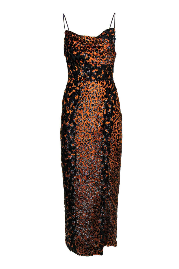 Current Boutique-NBD - Orange & Black Velvet Metallic Sleeveless Gown w/ High Slit Sz XS