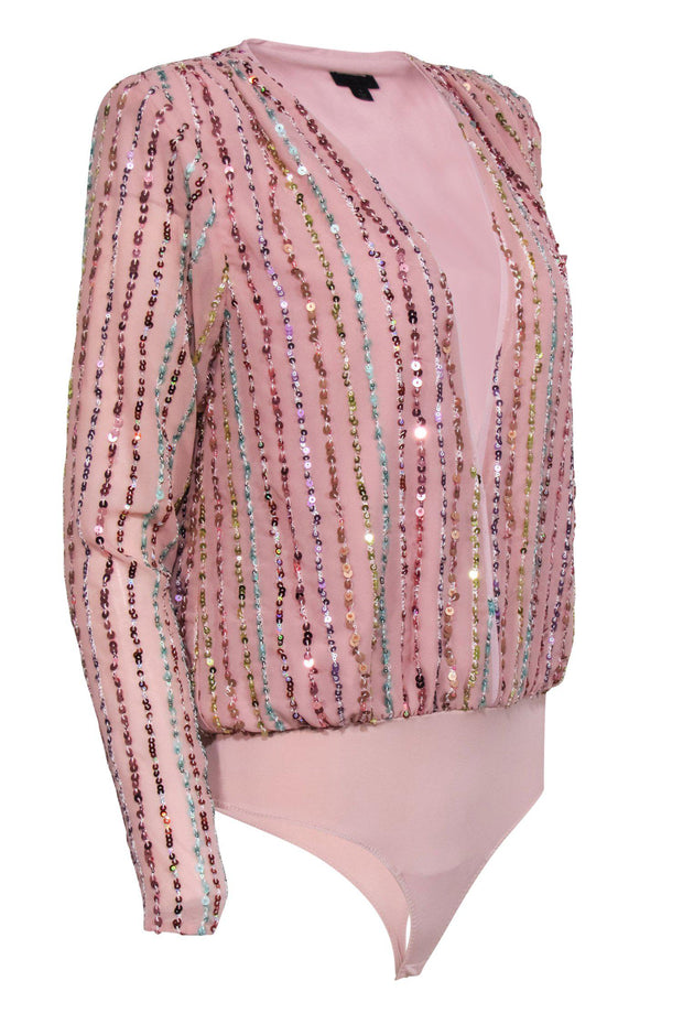 Current Boutique-NBD - Pink Long Sleeve Plunge Bodysuit w/ Multicolored Sequin Stripes Sz S