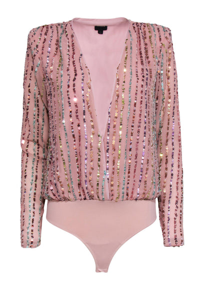 Current Boutique-NBD - Pink Long Sleeve Plunge Bodysuit w/ Multicolored Sequin Stripes Sz S