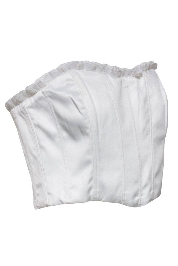 Current Boutique-NBD - White Satin Strapless Corset-Style Crop Top w/ Ruffles Sz M