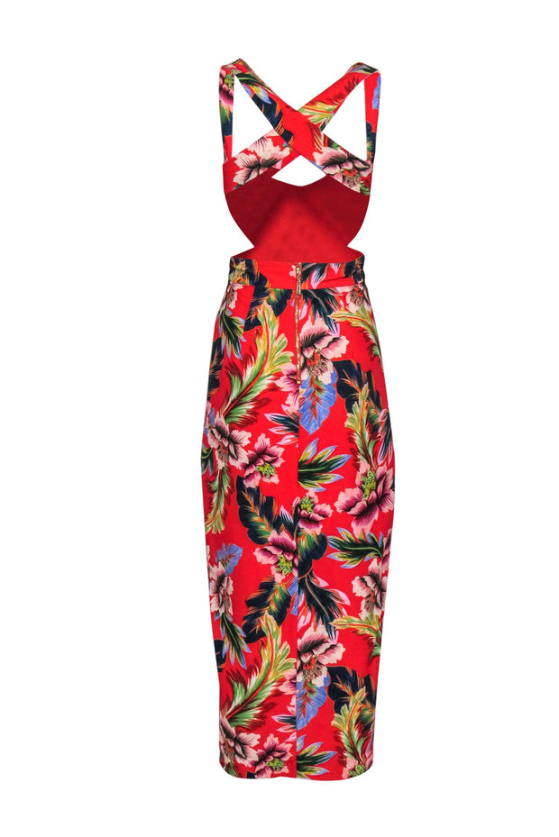 Current Boutique-NBD x Naven - Red Tropical Print Crisscross Back Strap Maxi Dress Sz XS