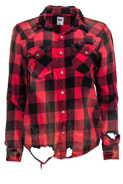 Current Boutique-NSF - Red Plaid Heavily Distressed Flannel Shirt Sz S