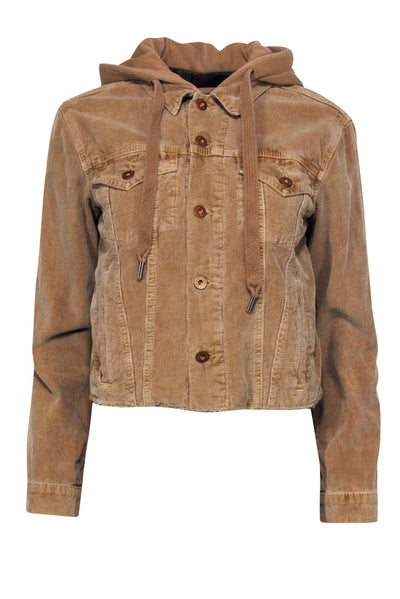 Current Boutique-NSF - Tan Cropped Button-Up Hooded Corduroy Jacket Sz S