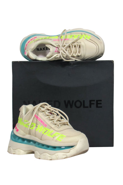 Current Boutique-Naked Wolfe - Cream & Neon Print Chunky Platform Sneakers Sz 8