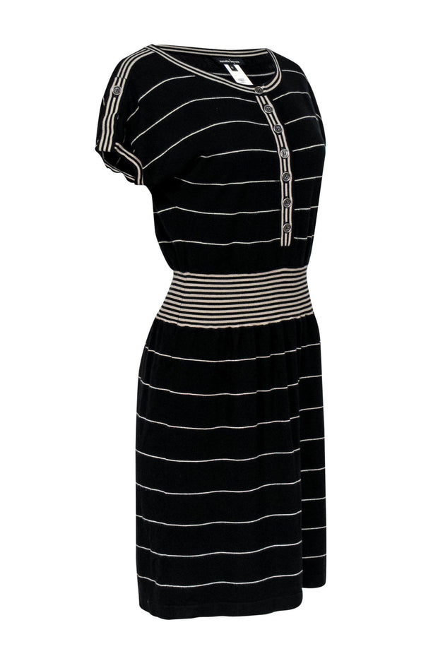 Current Boutique-Nanette Lepore - Black & Beige Striped Knit Short Sleeve Dress Sz M