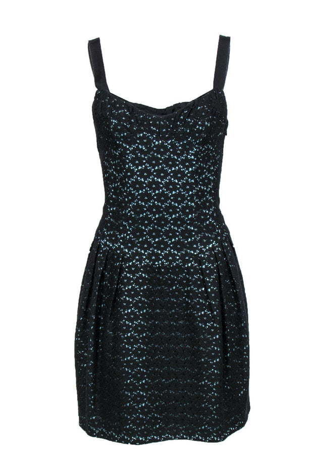 Current Boutique-Nanette Lepore - Black Floral Lace Sleeveless Drop Waist Dress w/ Turquoise Lining Sz 6