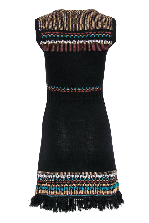 Current Boutique-Nanette Lepore - Black Knit Cotton Mini Dress w/ Fringe Hem Sz S
