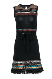 Current Boutique-Nanette Lepore - Black Knit Cotton Mini Dress w/ Fringe Hem Sz S