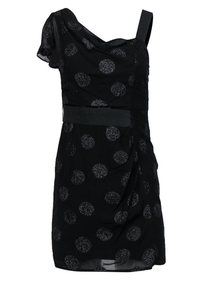 Current Boutique-Nanette Lepore - Black Metallic Polka Dot Ruffled Sleeve Sheath Dress Sz 0