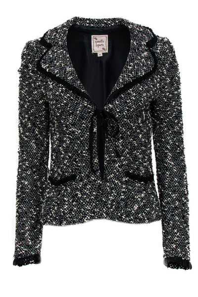 Current Boutique-Nanette Lepore - Black Speckled Tweed Tie-Front Blazer Sz M