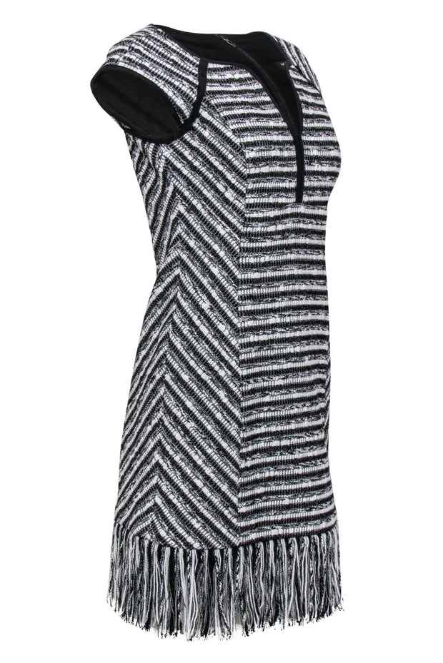 Current Boutique-Nanette Lepore - Black & White Tweed "Lawless" Shift Dress w/ Fringe Hem Sz 6