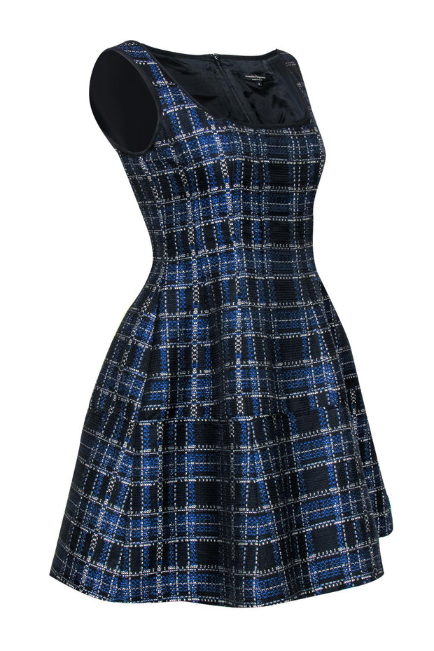 Current Boutique-Nanette Lepore - Blue & Black Tweed Scoop Neck Flared Dress Sz 4