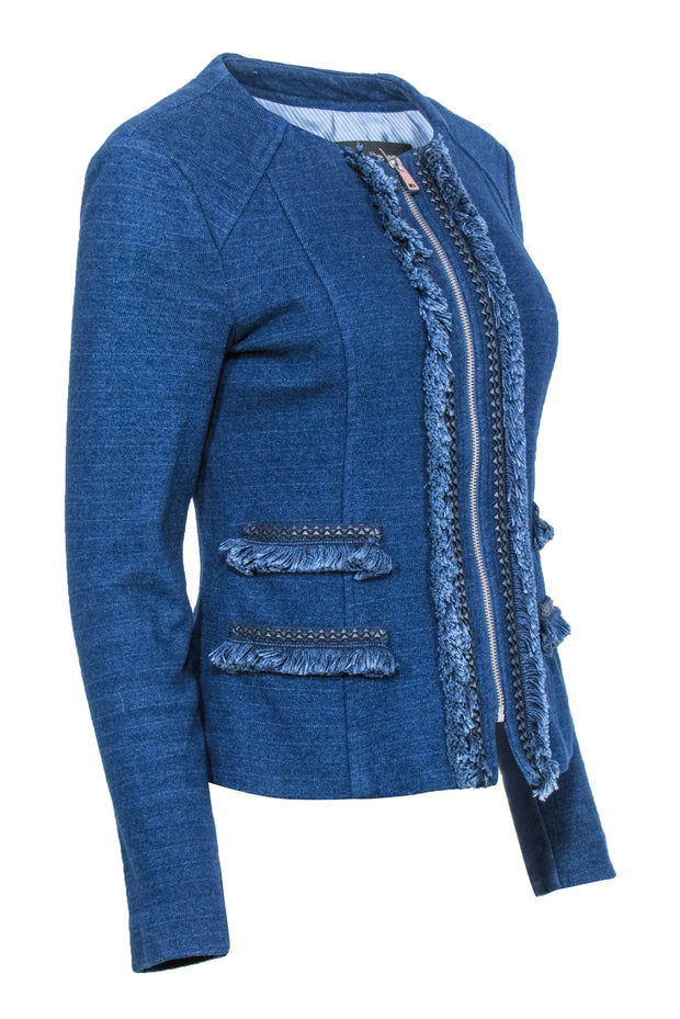 Current Boutique-Nanette Lepore - Blue Denim Zip-Up Fringed Jacket Sz 8