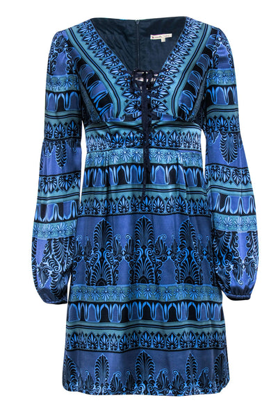 Current Boutique-Nanette Lepore - Blue & Teal Bohemian Print Lace-Up Silk Dress Sz 2