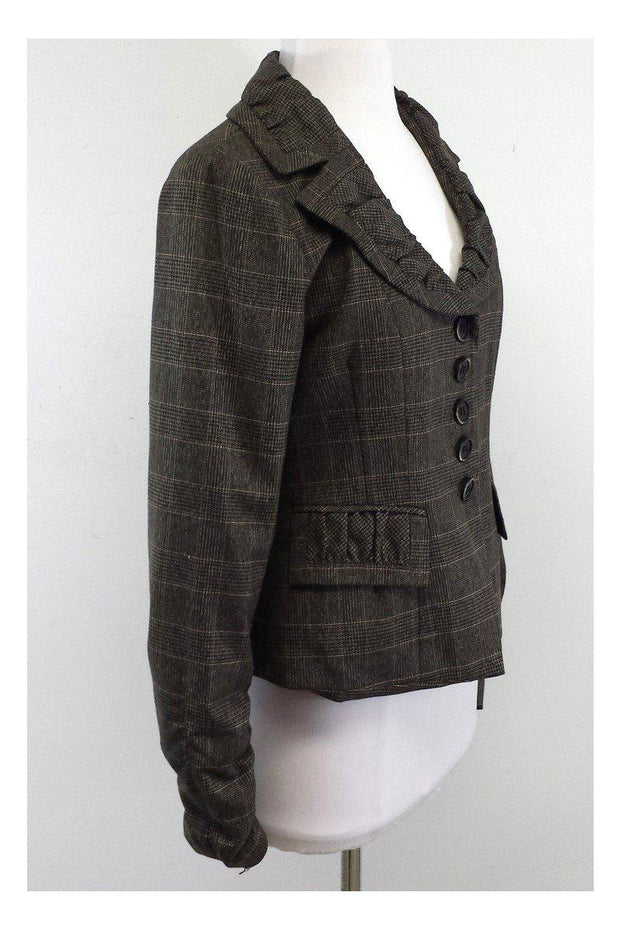 Current Boutique-Nanette Lepore - Brown Plaid Wool Ruffle Blazer Sz 8