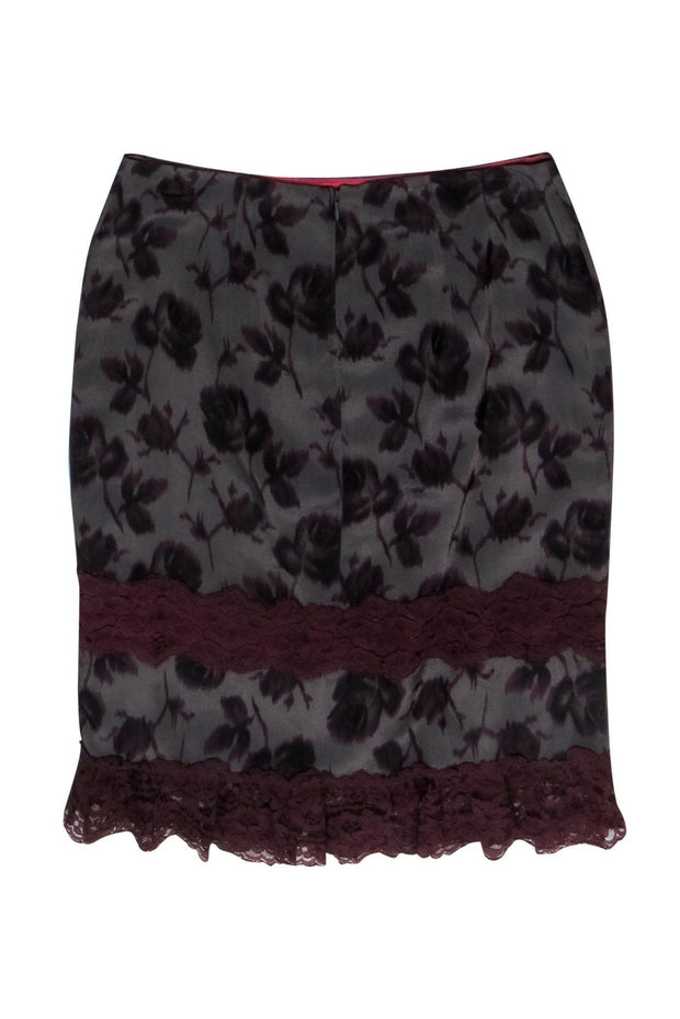 Current Boutique-Nanette Lepore - Dark Grey & Plum Floral Print Pencil Skirt w/ Lace Trim Sz 6
