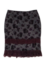 Current Boutique-Nanette Lepore - Dark Grey & Plum Floral Print Pencil Skirt w/ Lace Trim Sz 6