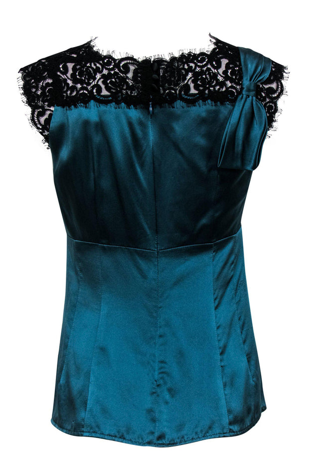 Current Boutique-Nanette Lepore - Dark Teal Sleeveless Silk Blouse w/ Bow & Lace Trim Sz 6