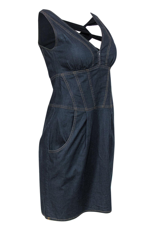 Current Boutique-Nanette Lepore - Dark Wash Denim Sleeveless Bodycon Dress w/ Crisscross Back Sz 6