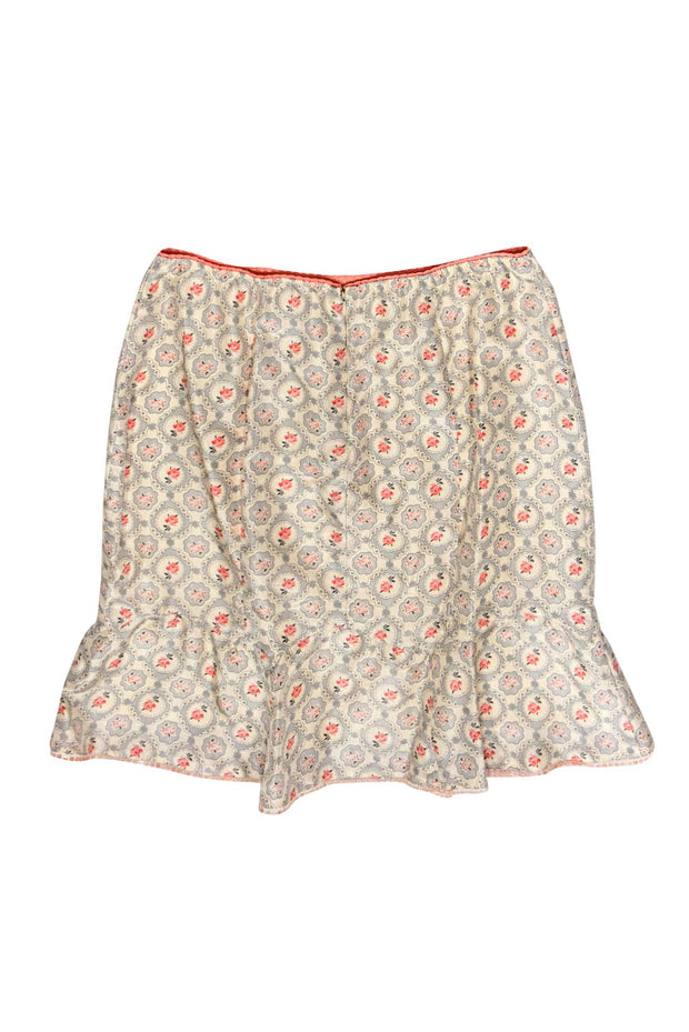 Current Boutique-Nanette Lepore - Ivory, Blue & Pink Rose Print Silk Skirt w/ Flounce Hem & Sequins Sz 10