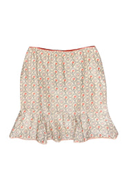 Current Boutique-Nanette Lepore - Ivory, Blue & Pink Rose Print Silk Skirt w/ Flounce Hem & Sequins Sz 10