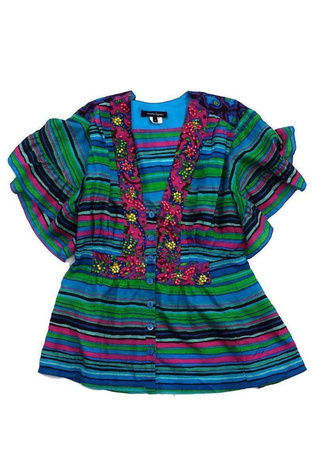 Current Boutique-Nanette Lepore - Multicolor Striped Beaded Silk Blouse Sz S