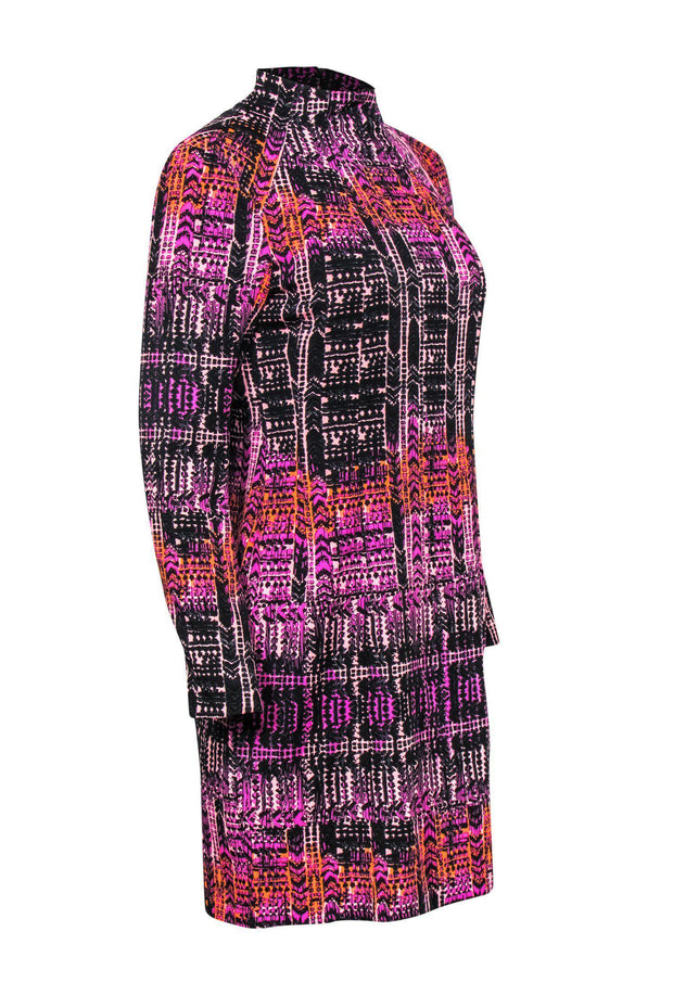 Current Boutique-Nanette Lepore - Purple, Black & Orange Print Mock Neck Shift Dress Sz 6