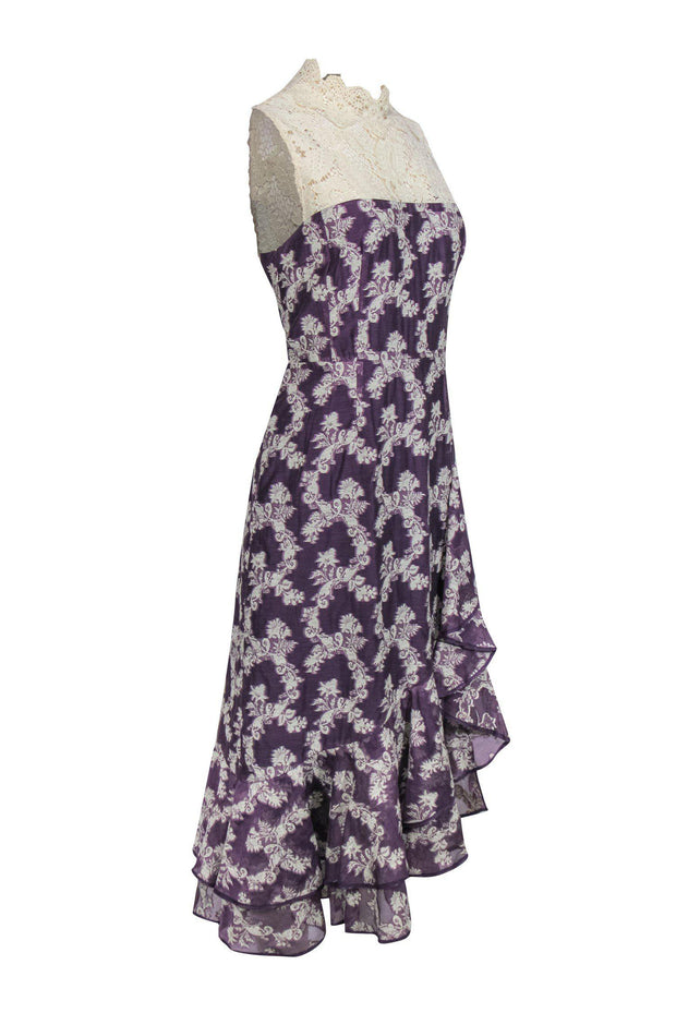 Current Boutique-Nanette Lepore - Purple Floral Cocktail Dress w/ Lace Sz 12