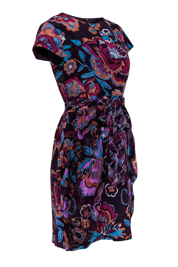 Current Boutique-Nanette Lepore - Purple Floral Print Cap Sleeve Fit & Flare Dress Sz 8