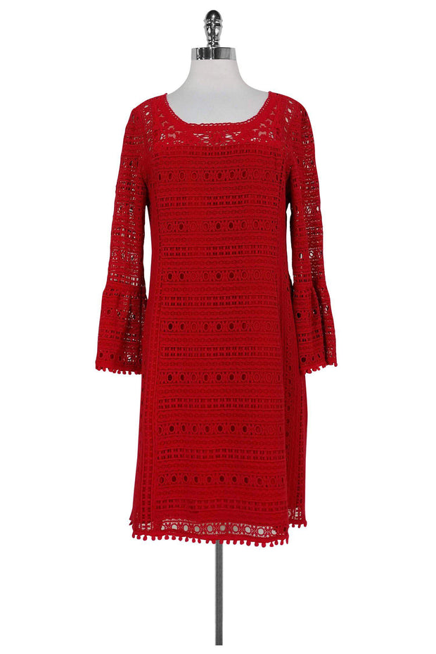 Current Boutique-Nanette Lepore - Red Eyelet Dress w/ Bell Sleeves Sz 10