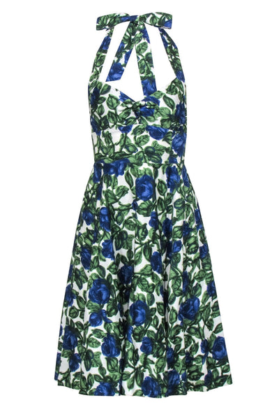Current Boutique-Nanette Lepore - White, Green & Blue Rose Print Halter A-Line Dress Sz 0