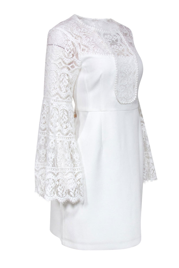 Current Boutique-Nanette Lepore - White Lace Paneled Bell Sleeve "Dancer" Sheath Dress Sz 8