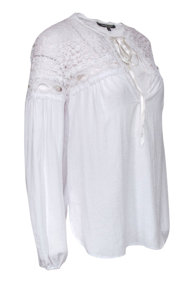 Current Boutique-Nanette Lepore - White Long Sleeve Ribbon Tie Blouse w/ Lace Sz S