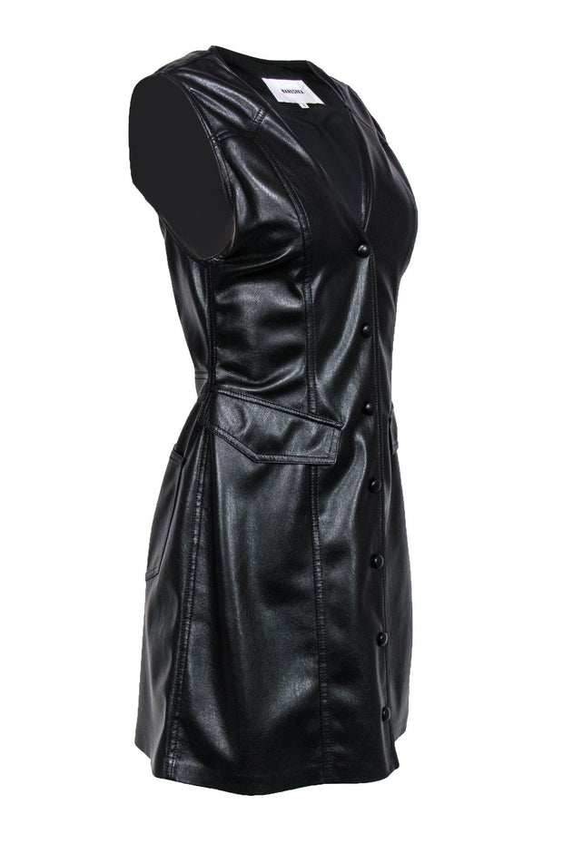 Current Boutique-Nanushka - Black Faux Leather Snap-Up Dress Sz S
