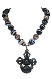 Current Boutique-Natalie Baroni - Black Bauble Gemstone Necklace w/ Monkey Pendant