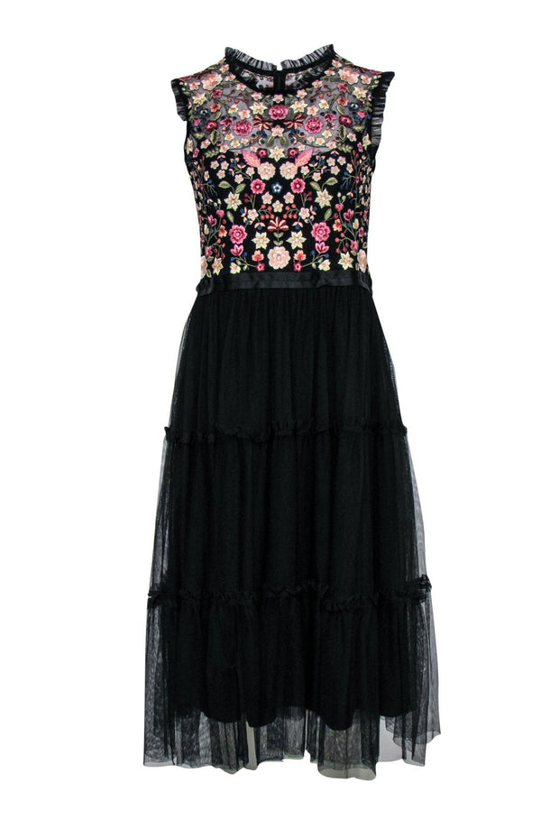 Current Boutique-Needle & Thread - Black Floral Embroidered Sleeveless Tiered Midi Dress Sz 8