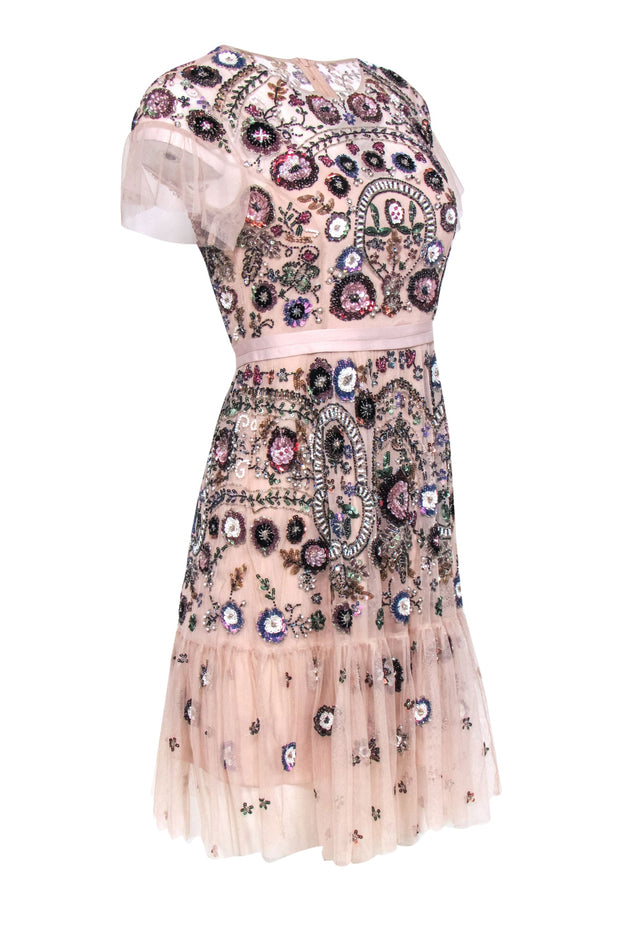 Current Boutique-Needle & Thread - Pale Pink Floral Beaded Sheath Dress w/ Flounce Hem Sz 4