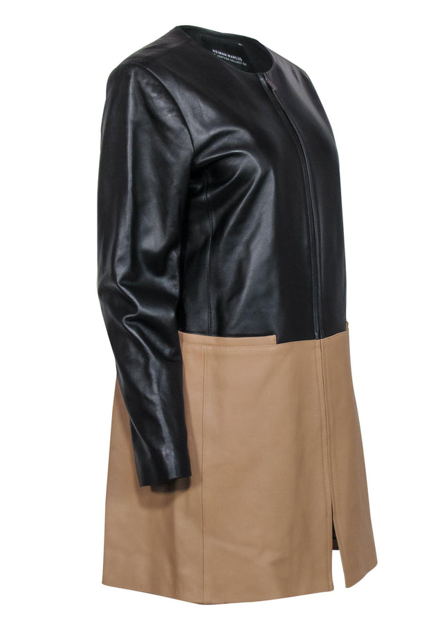 Current Boutique-Neiman Marcus - Black & Beige Zip-Up Longline Leather Jacket Sz L