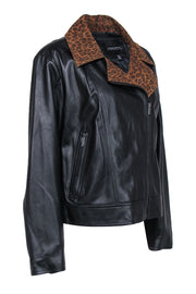 Current Boutique-Neiman Marcus - Black Leather Moto Jacket w/ Textured Leopard Accents Sz XL