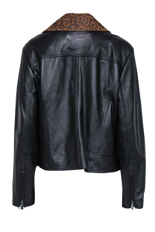 Current Boutique-Neiman Marcus - Black Leather Moto Jacket w/ Textured Leopard Accents Sz XL