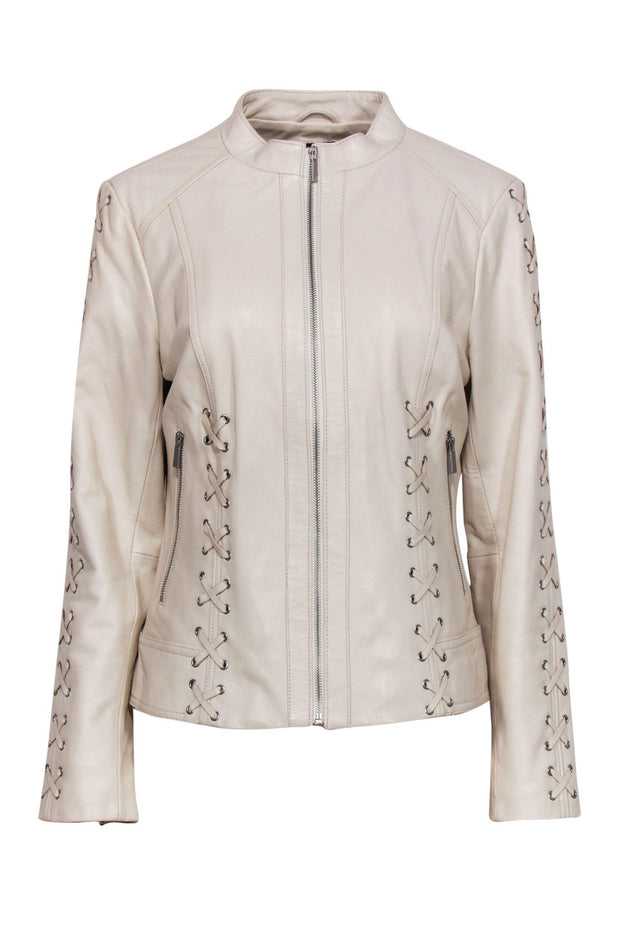 Current Boutique-Neiman Marcus - Cream Leather Zip-Up Jacket w/ Stitched Trim Sz L