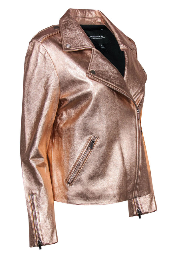 Current Boutique-Neiman Marcus - Rose Gold Metallic Leather Zip-Up Moto-Style Jacket Sz L