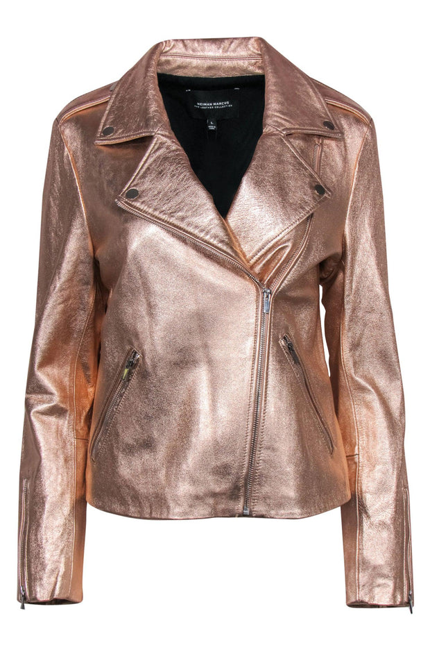 Current Boutique-Neiman Marcus - Rose Gold Metallic Leather Zip-Up Moto-Style Jacket Sz L