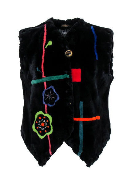 Current Boutique-Neiman Marcus - Vintage Black Beaver Fur Floral & Abstract Print Vest Sz M
