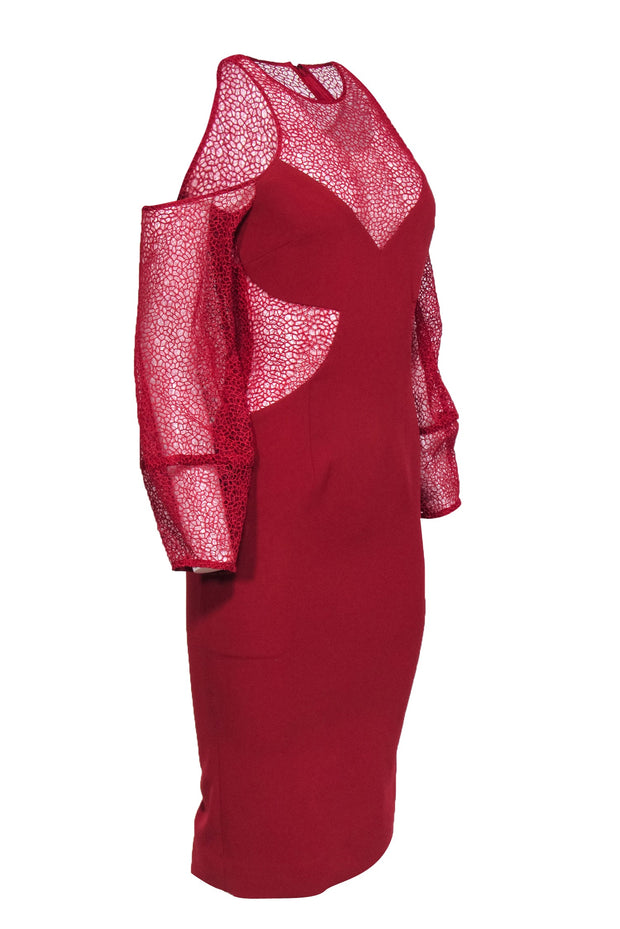 Current Boutique-Nicholas - Red Lace Cold Shoulder Mesh Cutout Midi Cocktail Dress Sz 2