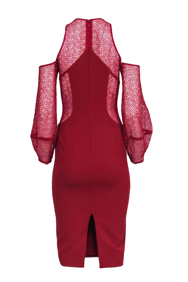 Current Boutique-Nicholas - Red Lace Cold Shoulder Mesh Cutout Midi Cocktail Dress Sz 2