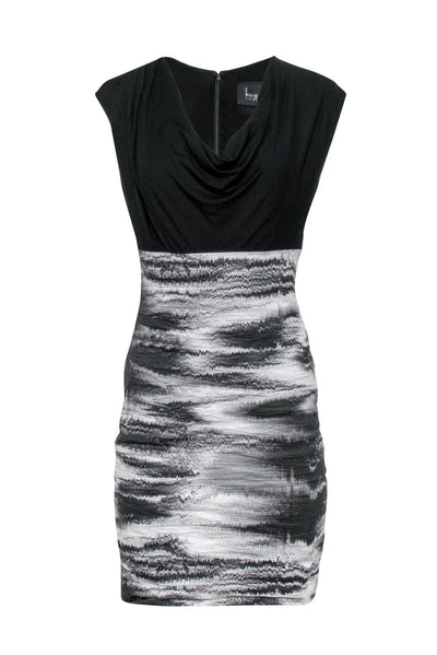 Current Boutique-Nicole Miller - Black Cowl Neck Sheath Dress w/ Printed Skirt Sz 8