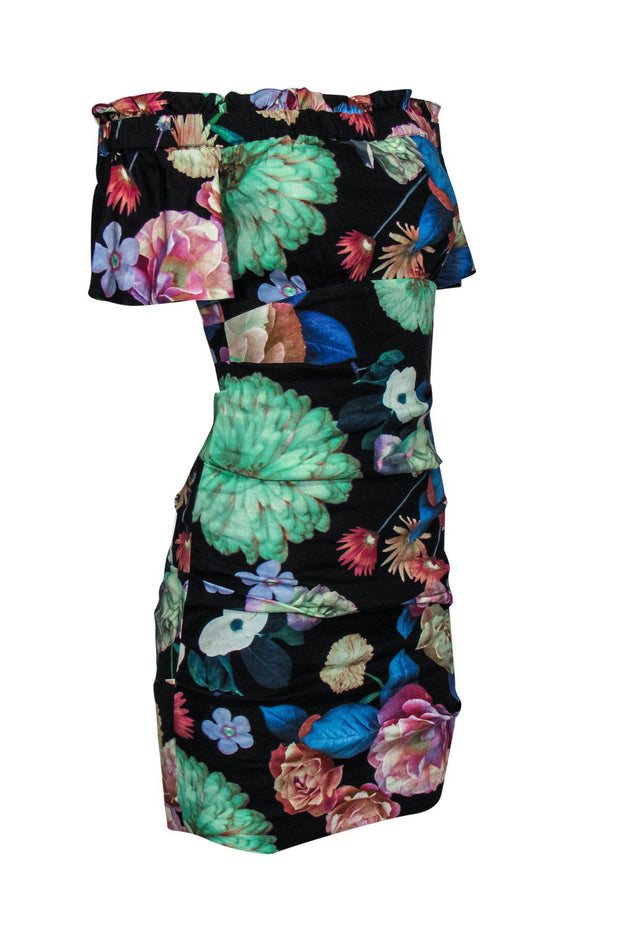 Current Boutique-Nicole Miller - Black Floral Print Off-the-Shoulder Ruched Dress Sz 2